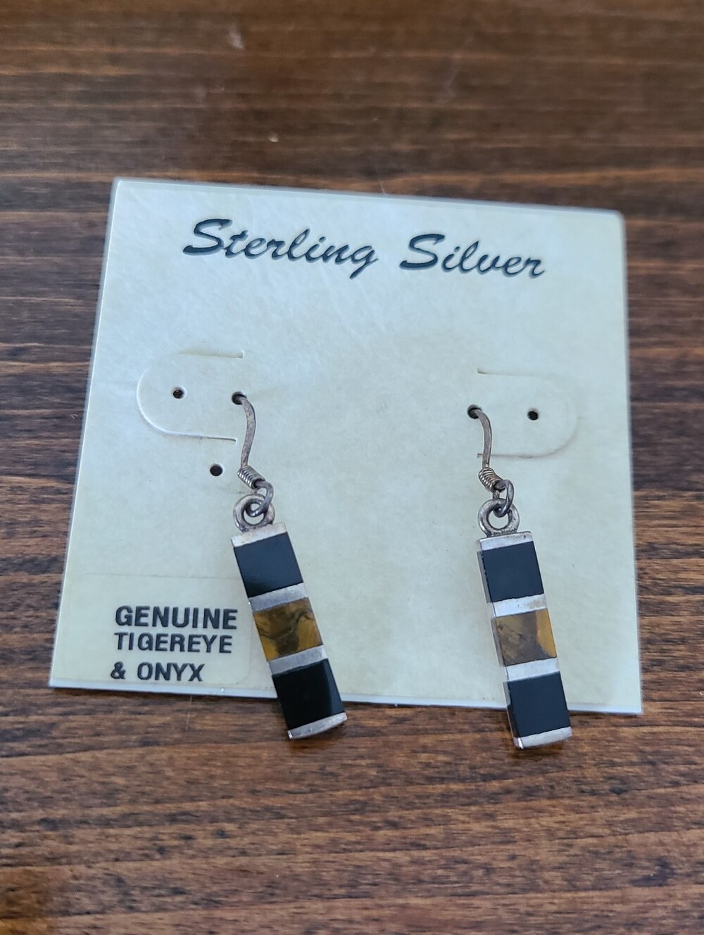 Tigers Eye and Onyx Sterling Earrings - Picture 1 of 4